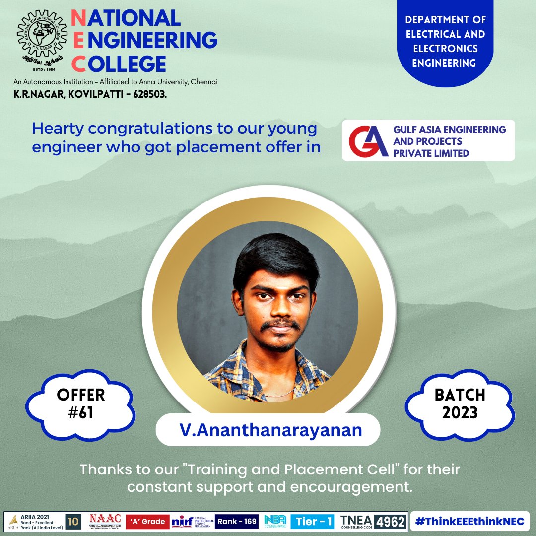 hod_eee_nec's tweet photo. Congratulations Anantha Narayanan👏👏👏
@NECKVP 
#ThinkEEEthinkNEC #necplacement #NECAlumni #Nationalengineeringcollege #engineeringcollege #kovilpatti #tirunelveli #kanyakumari #tamilnadu #engineeringadmissions #engineeringadmissions2022 #placement2023 #Placement #GulfAsia #GAEP https://t.co/vViy9i8JZQ