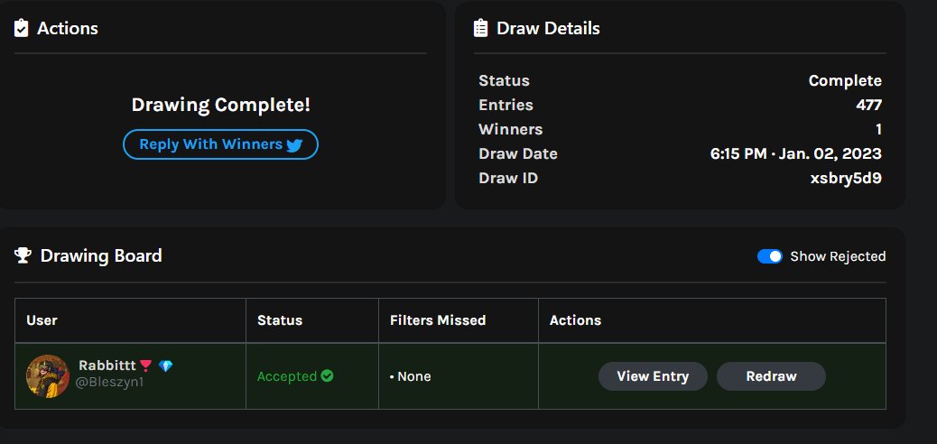 <a href="/unioverse/">dejil ツ</a> Congrats to the lucky winner 🥳🥳🥳

Winner 🏆: <a href="/Bleszyn1/">Rabbit ⚔</a> 

Stay tuned for more #NFTGiveaway 

✔️ twitterpicker.com/d/xsbry5d9