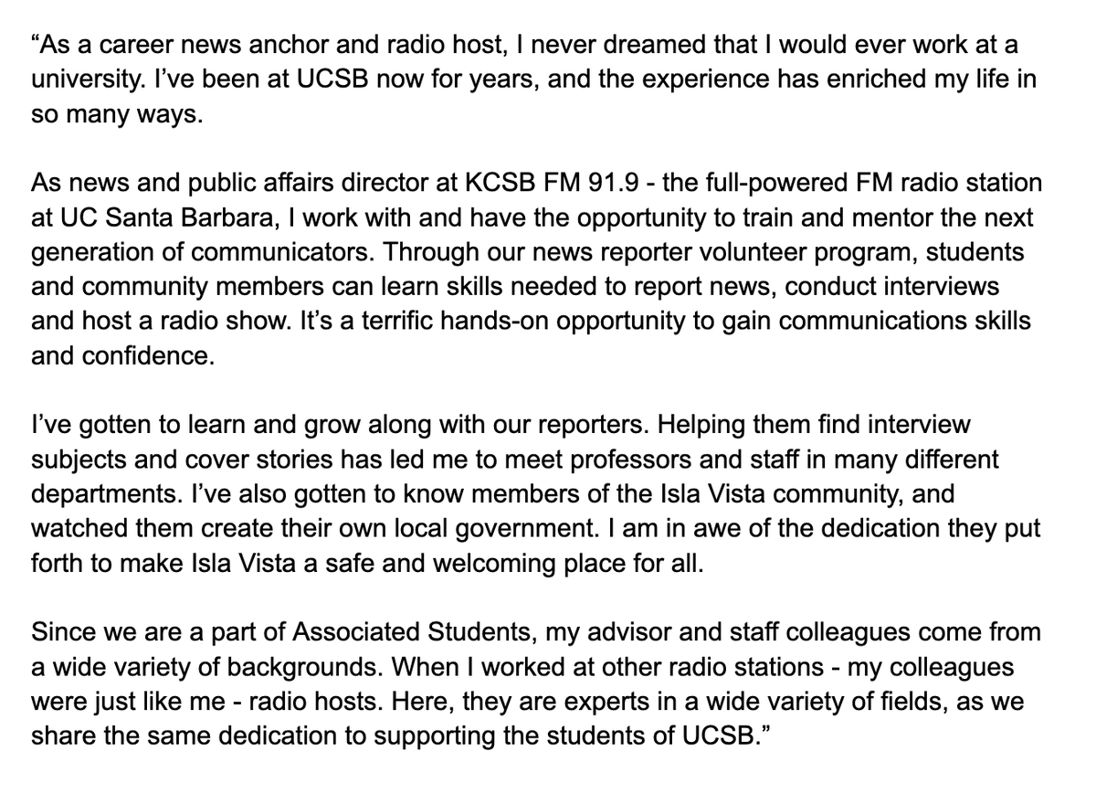 HumansofUCSB's tweet image. 𝐋𝐢𝐬𝐚 𝐎𝐬𝐛𝐨𝐫𝐧
𝐍𝐞𝐰𝐬 &amp;amp; 𝐏𝐮𝐛𝐥𝐢𝐜 𝐀𝐟𝐟𝐚𝐢𝐫𝐬 𝐃𝐢𝐫𝐞𝐜𝐭𝐨𝐫 𝐊𝐂𝐒𝐁 𝐅𝐌

“As a career news anchor and radio host, I never dreamed that I would ever work at a university..."