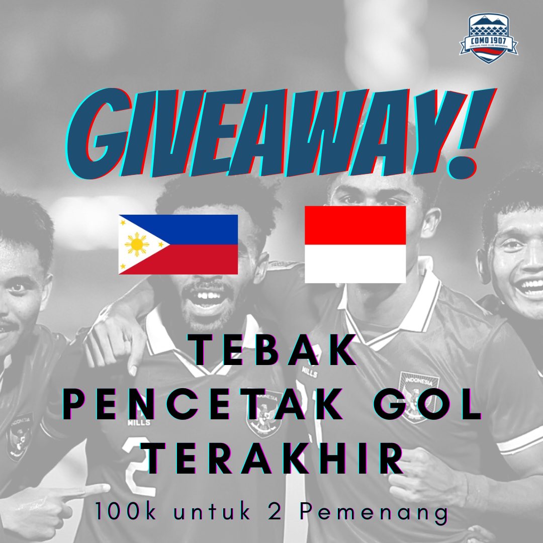 GIVEAWAY COMO KEMBALI 😍

Tebak pencetak gol terakhir Indonesia vs Filipina AFF 2022 dan dapatkan 100k untuk 2 pemenang!

1. Follow <a href="/comofansindo/">Como 1907 Fans Indonesia</a> 
2. Retweet twit ini
3. Komen dengan tebakan pencetak gol terakhir kalian
4. Mention 3 teman

Kuis akan ditutup 19:30 WIB!