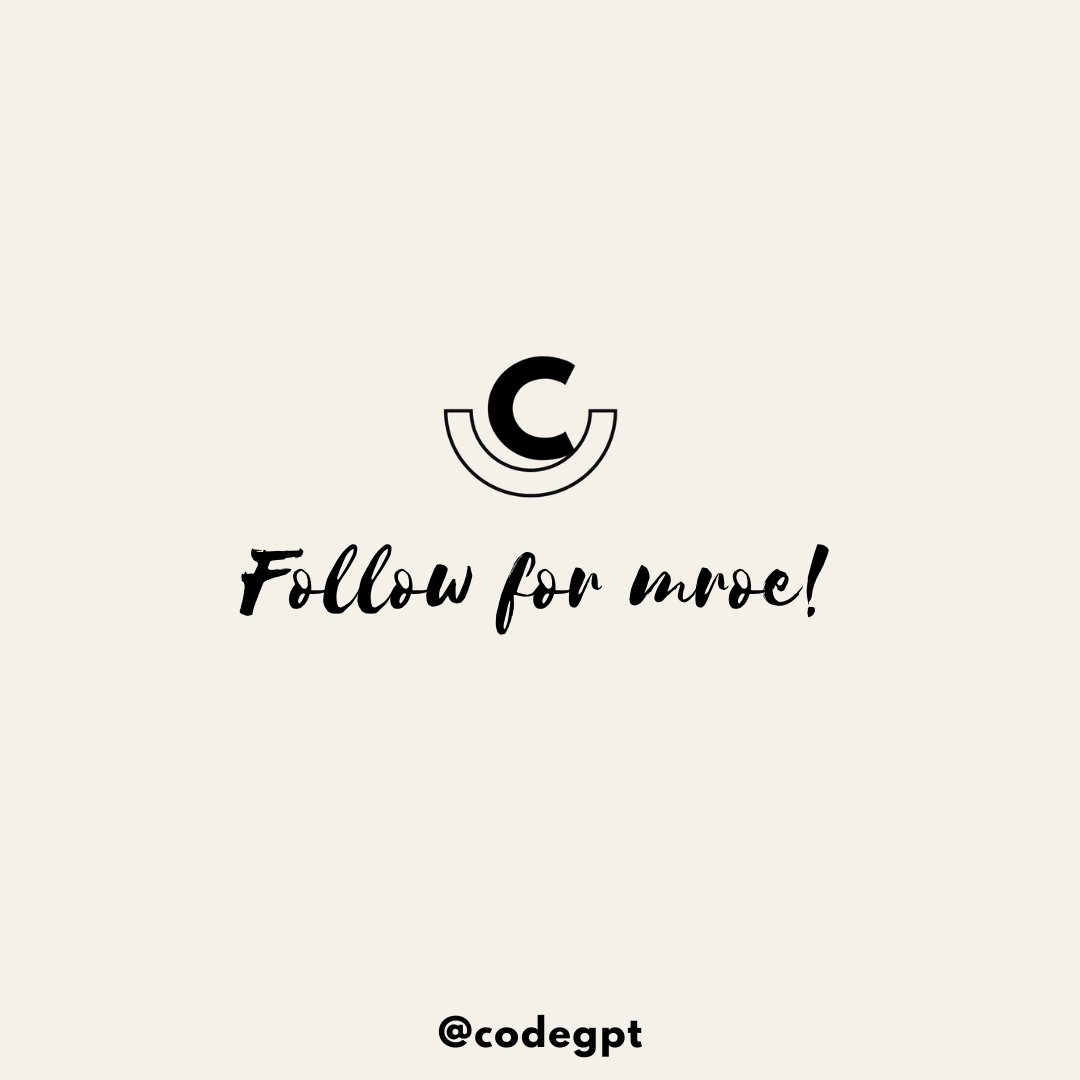 codegpt's tweet image. Follow @codegpt on Twitter & Instagram for more such coding-related threads🤩
Have a good day!
#programming #javascript #programmers #webdeveloper #programmer #codinglife #computerscience #software #coding #reactjs #angular #pythoncode