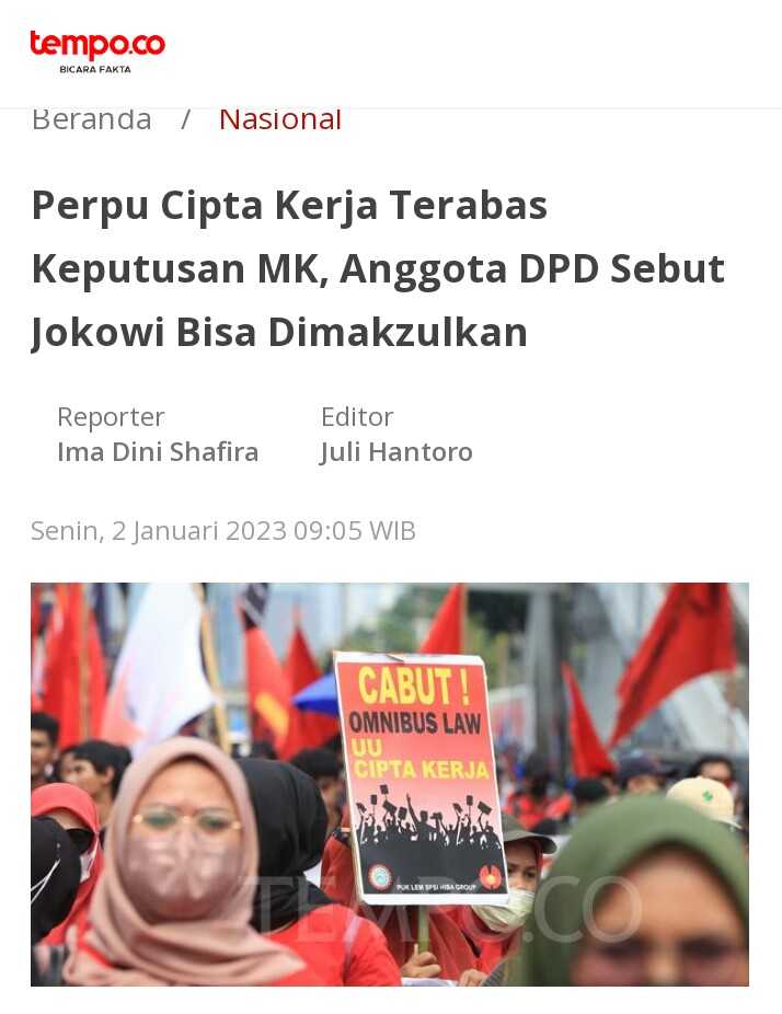 PERPU CIPTA KERJA TERABAS KEPUTUSAN MK, ANGGOTA DPD SEBUT JOKOWI BISA DIMAKZULKAN. 

Link : nasional.tempo.co/amp/1674757/pe…

Benarkah berita ini? <a href="/DPDRI/">Senator Indonesia</a> 

Baca selengkapnya diutas :