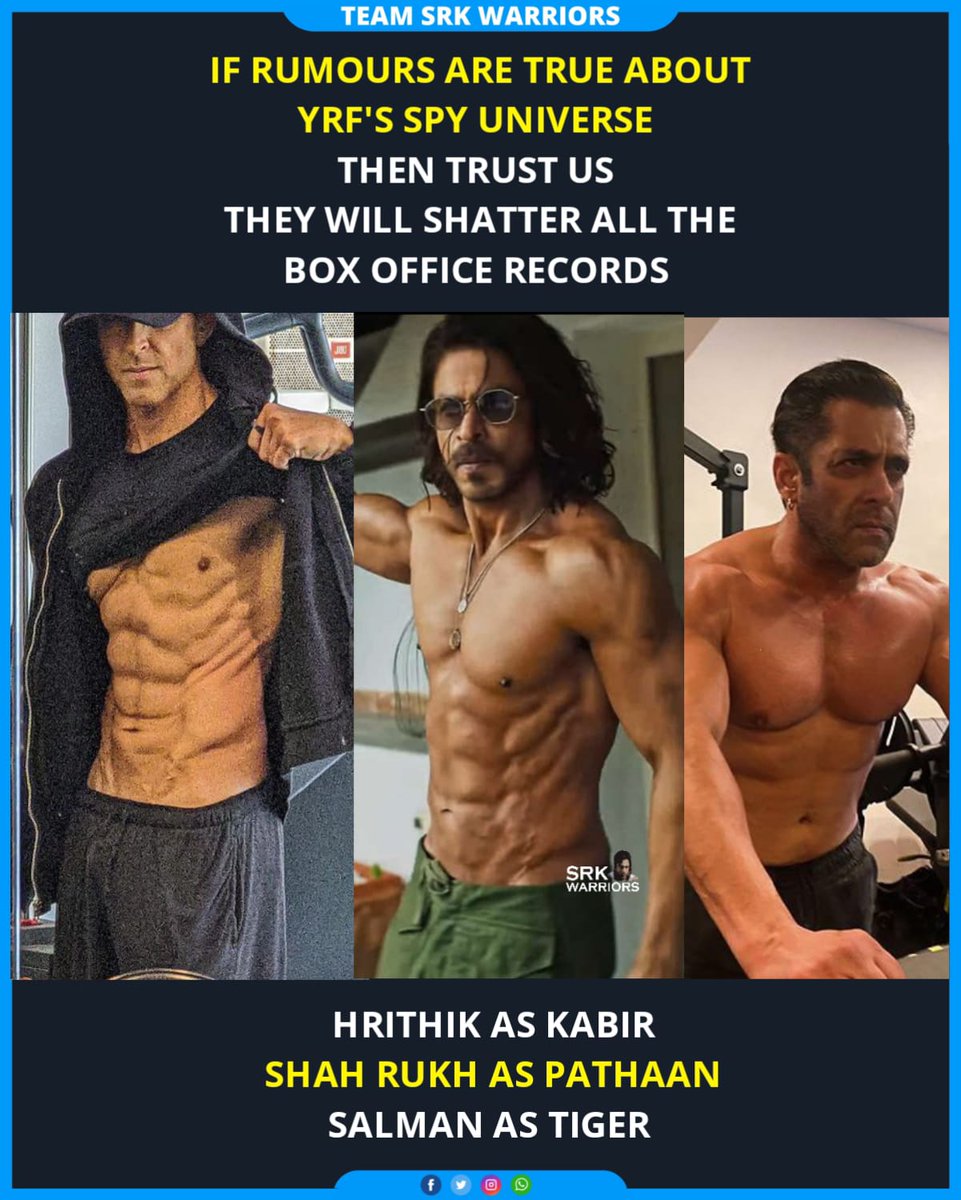 TeamSRKWarriors's tweet photo. If rumours are true about YRF's SPY Universe then trust us they will shatter all the box office records 🔥

#Hrithik as Kabir, #ShahRukhKhan as #Pathaan &amp; #Salman as Tiger ❤️ https://t.co/nEpmk5kB9O