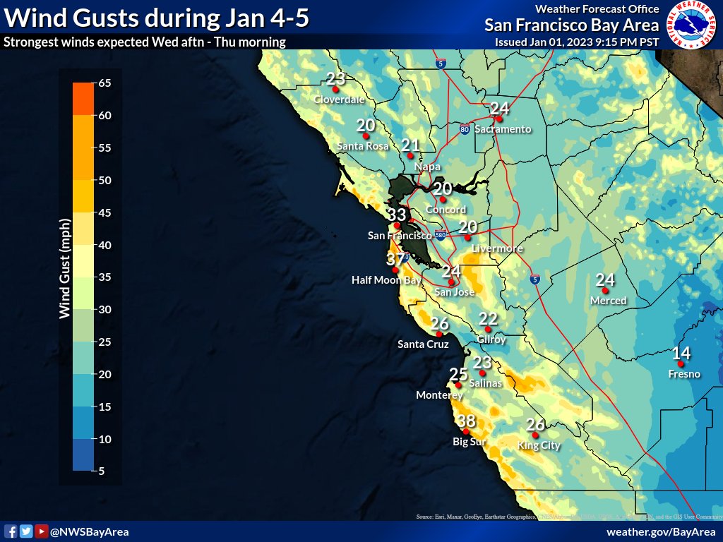 NWSBayArea's tweet photo. Winds during the Jan 4-5 rain event will increase risk of downed trees &amp; power outages. Gusts of 35-55 mph, locally higher over ridges are possible. #cawx #BayArea https://t.co/3Uzh6FxV2Y