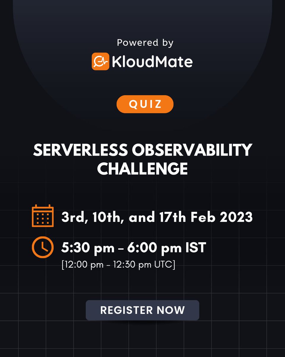 kloudmate's tweet photo. All you fellow #techies, we are excited to bring to you an online #tournament of three weekly quizzes on Serverless Observability

When?
3rd, 10th, and 17th Feb 2023

Where?
https://t.co/8dJRwofAAz

#Serverless #Observability  #developer #awsdeveloper #SoftwareDeveloper #quiz https://t.co/uMODVeQGVD
