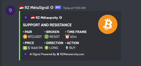 RZMetaversity's tweet photo. Did you know that on our campus there are Support n Resistance Signals?
"Buy signal appears on the $BTC pair, the bot suggests Buy / Long."
Are you Buying?
Only Holders: https://t.co/kVUwXVhhig…
#SolanaNFTs #KOGMI #NFTCommunity https://t.co/PhFM8Ioood