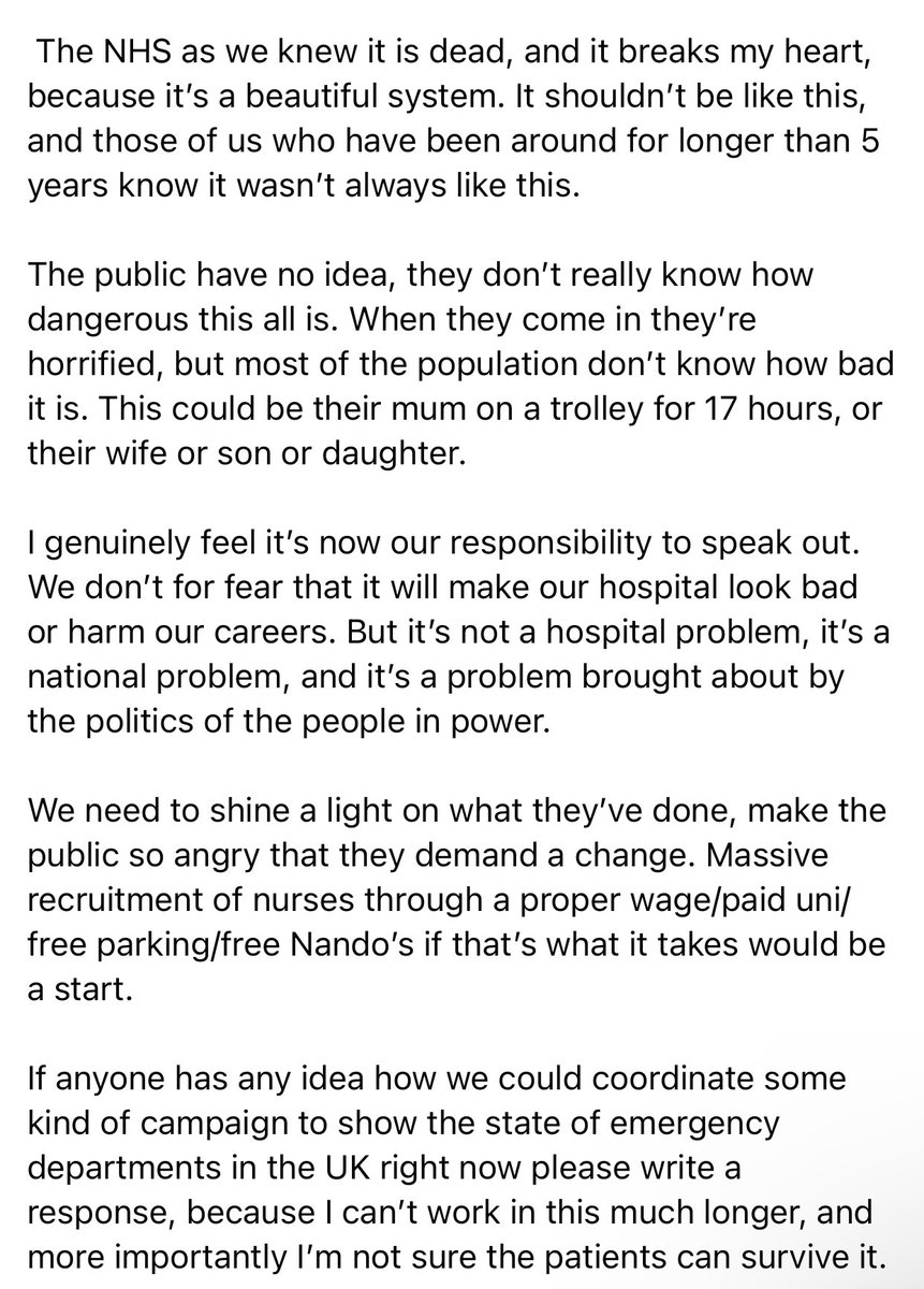 Harrowing words from a senior emergency medicine doctor showing the despair at not being able to provide the level of care every doctor hopes to for their patients. Every doctor, nurse & HCW can empathise with this right now. Shared w/ permission. Pls RT to get this out there.