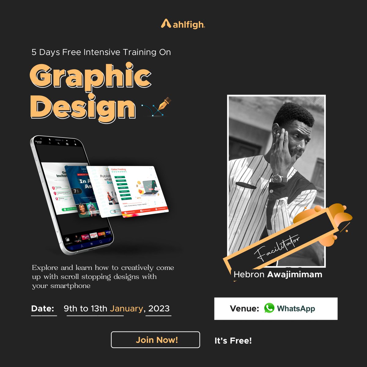 ahlfigh's tweet photo. Design enthusiasts take note! Join us on 9th January, 2023, on WhatsApp for a 5 days free design class. 

https://t.co/o9qN95YjQa

 #ahlfigh #graphicdesigner #graphicdesigning #photoshop_art #graphicdesigners #pixellab #graphicdesigns #intags #graphicdesigndaily #designerbrand https://t.co/u1TLttKgTM