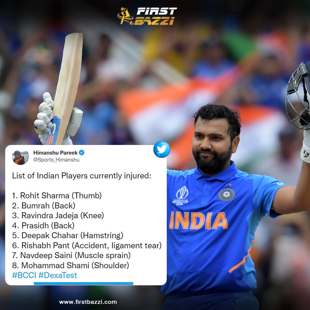 firstbazzi's tweet photo. India have currently 8 injured players. BCCI will consider DEXA test for team selection now.

#RohitSharma #JaspritBumrah #RishabhPant #RavindraJadeja #Cricket #BCCI #IndianCricket #IndianCricketTeam #FirstBazzi https://t.co/SwTgl6jshO