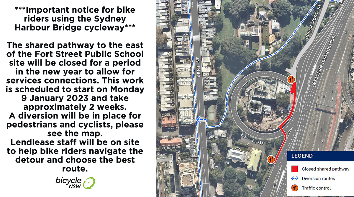 BicycleNSW's tweet photo. Important notice for bike riders using the Sydney Harbour Bridge cycleway. The shared pathway to the east of the Fort St Public School site will be closed from 9th January for approx 2 weeks
#BicycleNSW #insurance #membership #advocacy #majorinfrastructure #sydneyharbourbridge https://t.co/LJw8tlWGeu