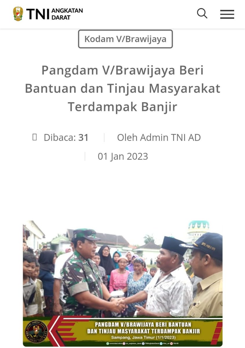 RestuHidyh's tweet photo. Bantuan yang diberikan Pangdam V/Brawijaya kepada warga masyarakat terdampak banjir sejumlah 250 KK di Kec. Blega Kab.

@ngopibareng_DAR

KSAD Jenderal Dudung Abdurachman
Angkatan Darat Di Hati Rakyat
Tulus Utamakan Rakyat https://t.co/pRJwzI4b2L