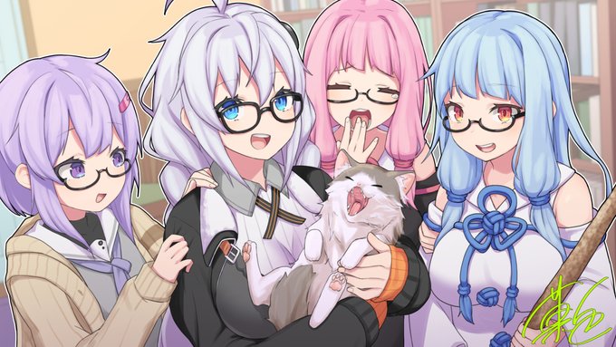 ネコ様を囲う紲星あかりさん・結月ゆかりさん(雫)・琴葉葵さん・琴葉茜さん 