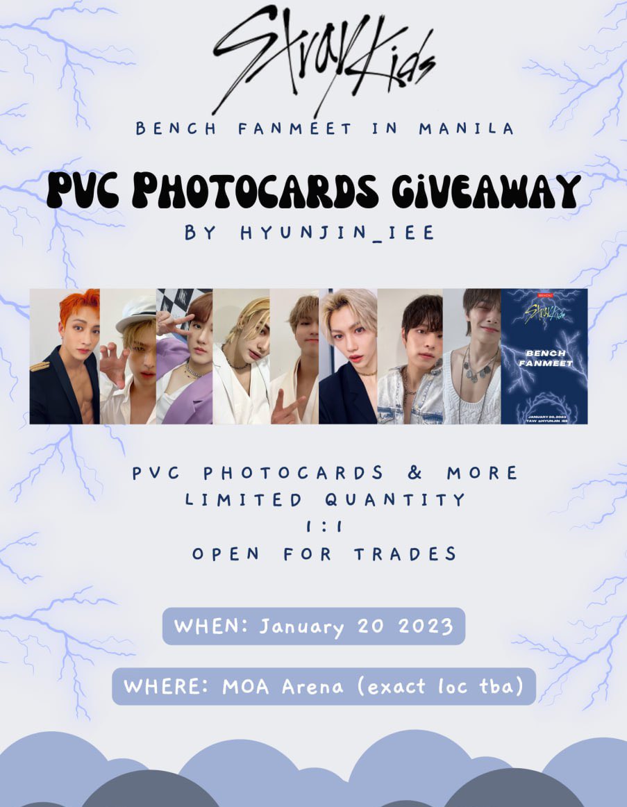 PVC PHOTOCARDS GIVEAWAY BY HYUNJIN_IEE ⚡️

The thunderous ones are coming ⚡️

Serving you some chests this upcoming fanmeet⚡️

✨ January 20, 2023
✨ MOA Arena (exact loc tba)
✨ rt &amp; like
✨ Open for trades. DM me!

#StayWithBENCH <a href="/Stray_Kids/">Stray Kids</a> #StrayKidsxBENCH
