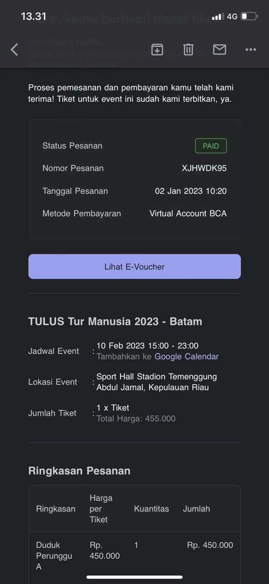 geprektehdebby's tweet photo. want to sell 2 pax tiket Tulus Batam Duduk Perunggu A   #wts #Tulusturmanusia2023 #wtstulus dibantu sampe urus tiket fisik karena aku nonton juga https://t.co/fdHHmb6cmz