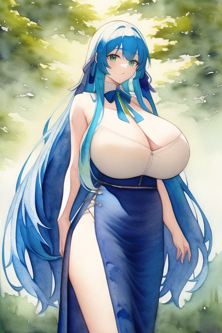 NovelAI課金してみました(`・ω・')
long hair, blue hair, green eyes, standing, ribbon, Gigantic breasts, watercolor
最初の2枚がエラーでポイント無駄遣いされましたが、なんとか1枚目です 