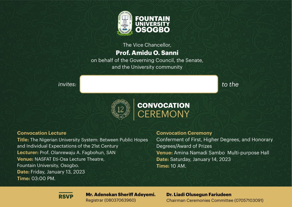 fuoweb's tweet photo. 🔊🔊🔊

We bring to you with excitement, the news of our 12th Convocation ceremony. 

Join us at Fountain University on the 8th-14th of January in celebrating our distinguished students.

#convocation #convocationday #convocationday🎓 #convocationdress #Fountain_University https://t.co/HuLDEL4VD6