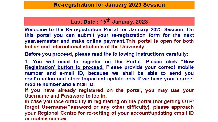 IGNOUSHALA's tweet photo. IGNOU has extended the last date of January 2023 session re-registration till January 15th 2023.

Re-registration Portal : https://t.co/tmbKldQGVS

#ignou #ignoushala https://t.co/BolrY77Zto