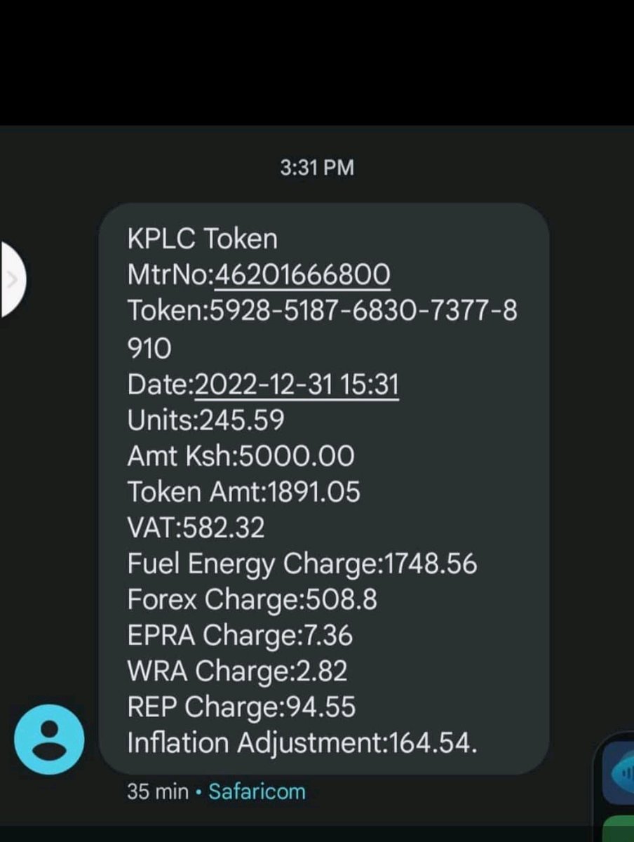 Karanimutonga's tweet photo. You load Kshs. 5,000 to buy tokens. You are awarded units worth Kshs. 1891.05. Kshs. 3109 goes to levies and taxes. 

This means you're getting 37.8% worth of your money. 

Are you buying power or you're buying levies &amp; taxes and you're awarded power?

Bill: @pmusesya https://t.co/wckf3gH5bz