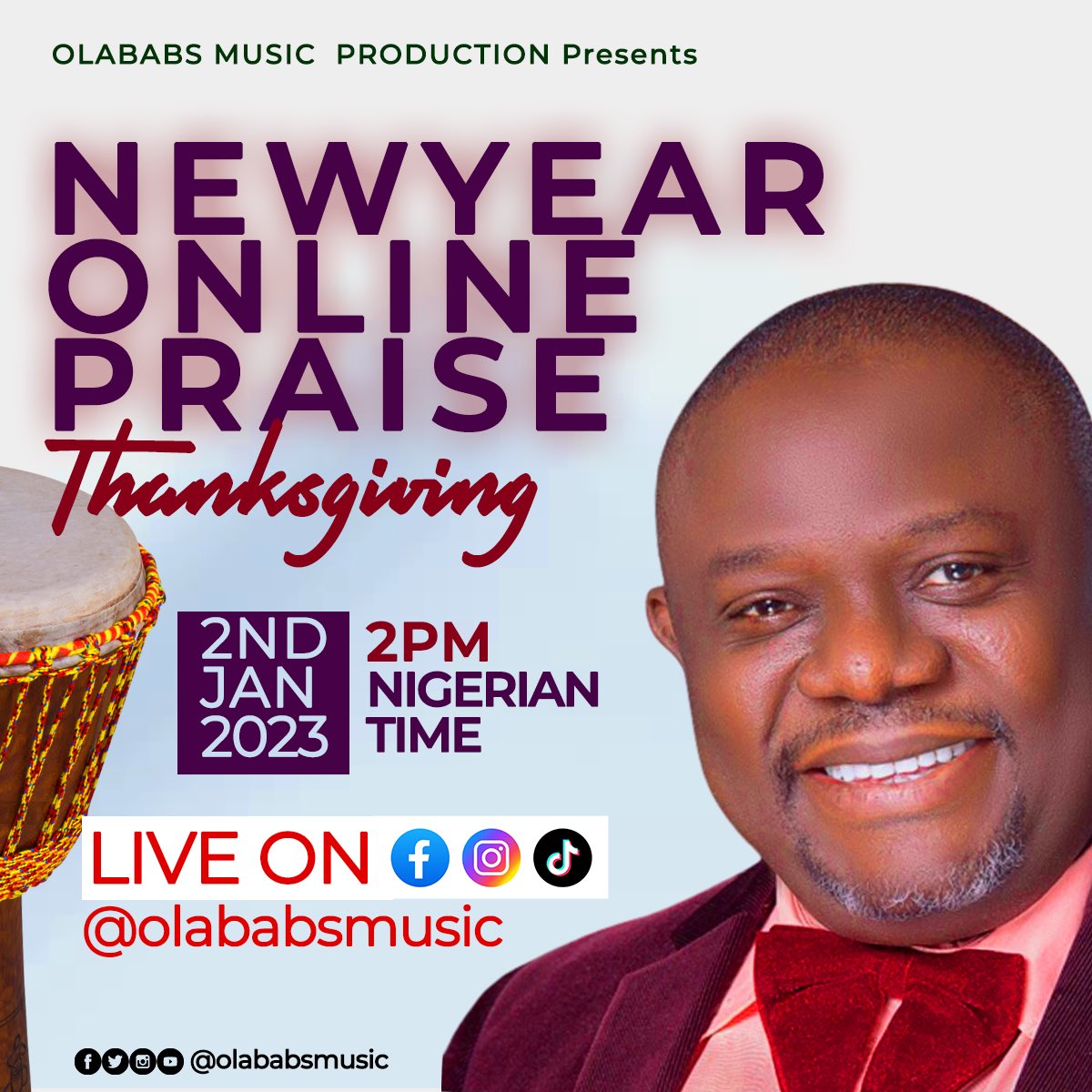 OlababsMusic's tweet photo. JOIN US TODAY BY 2PM TO PRAISE THE NAME OF THE LORD 🕺🏻🕺🏻💃🏻💃🏻
Live on @olababsmusic Facebook, Instagram and TikTok don’t miss this for nothing, God bless you 🙏🏼🙏🏼🙏🏼
#Olababs #olababsband #newyear #olababsstudio #happynewyear #lit #fyp #smconline #God https://t.co/4BELtRBWJk