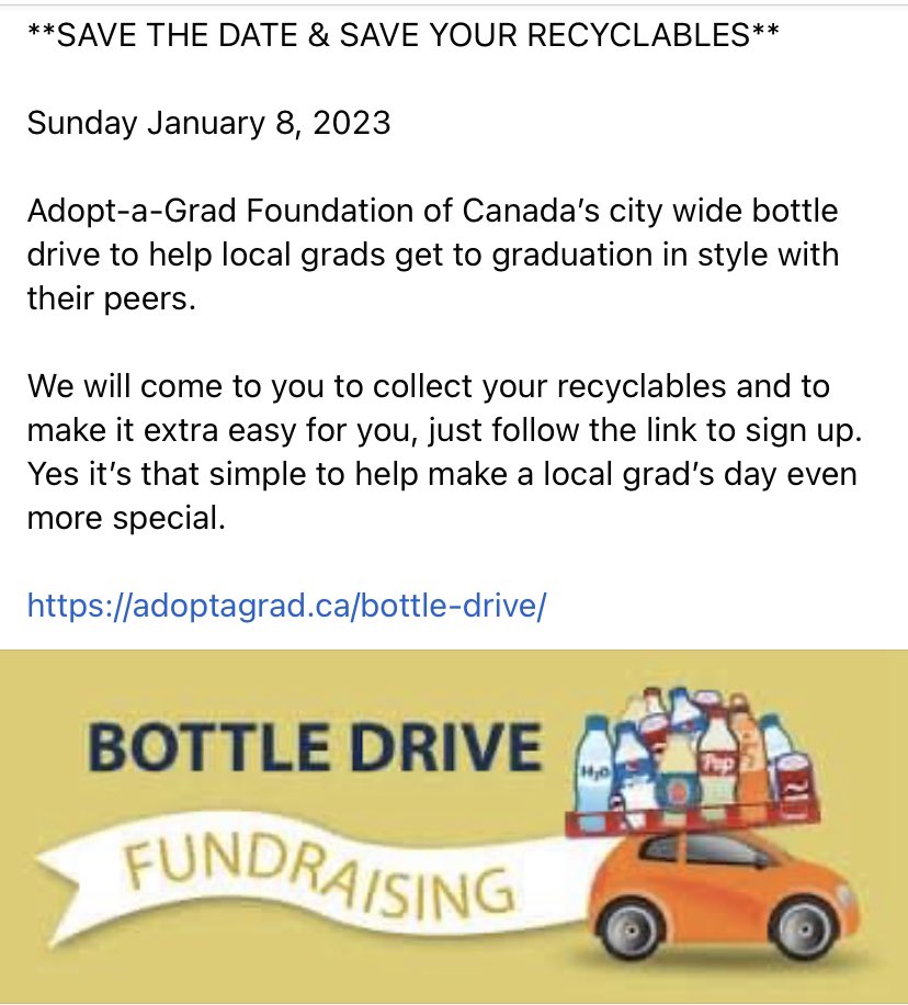 For us, collecting bottles was always a huge part of raising money for grads, going towards purchasing custom fitted suits for young men at the onset of Adopt-A-Grad. First year, 2018, 16 suits were purchased along with banquet tickets for families. adoptagrad.ca/bottle-drive/
