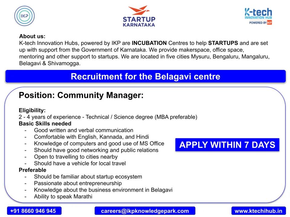 We are HIRING! A community manager is a people person who can relate to their requirements and help them grow their startup in our ecosystem. If this profile suits you send us your resume! @Startup_Kar @ITBTGoK @IKP_SciencePark @ikpeden #startups #innovation #job #opportunity