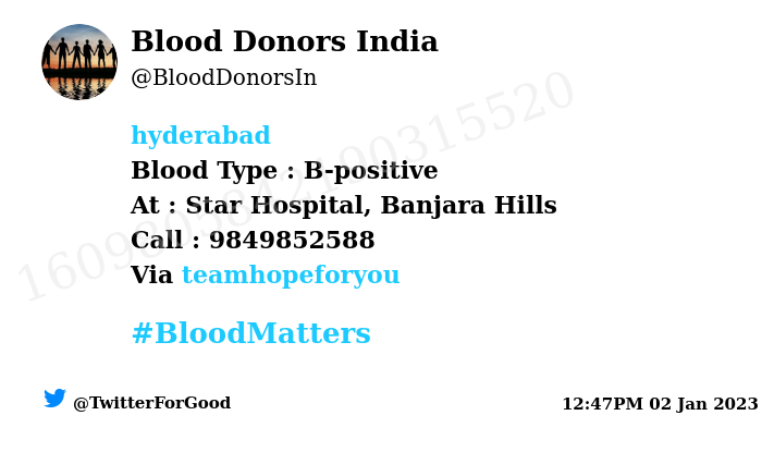 BloodDonorsIn's tweet photo. #Hyderabad
Need #Blood Type :  B-positive
Blood Component : Blood
Number of Units : 6
Primary Number : 9849852588
Via: @teamhopeforyou
#BloodMatters
Powered by Twitter https://t.co/0vy8KVdvy3