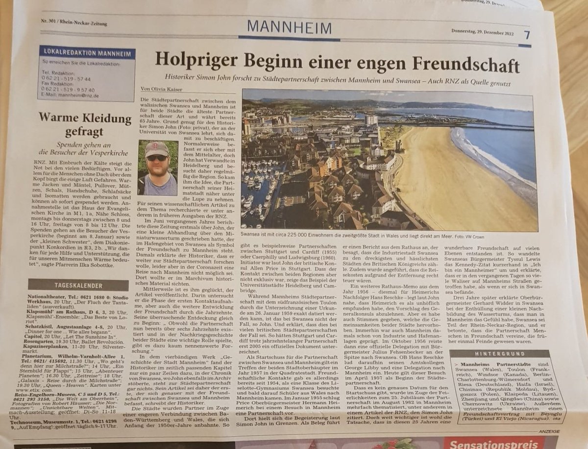 For German-speakers interested in UK-German links: 

Last week the Rhein-Neckar-Zeitung published a piece on my 2022 @CBHJournal article on the Swansea-Mannheim town twinning partnership