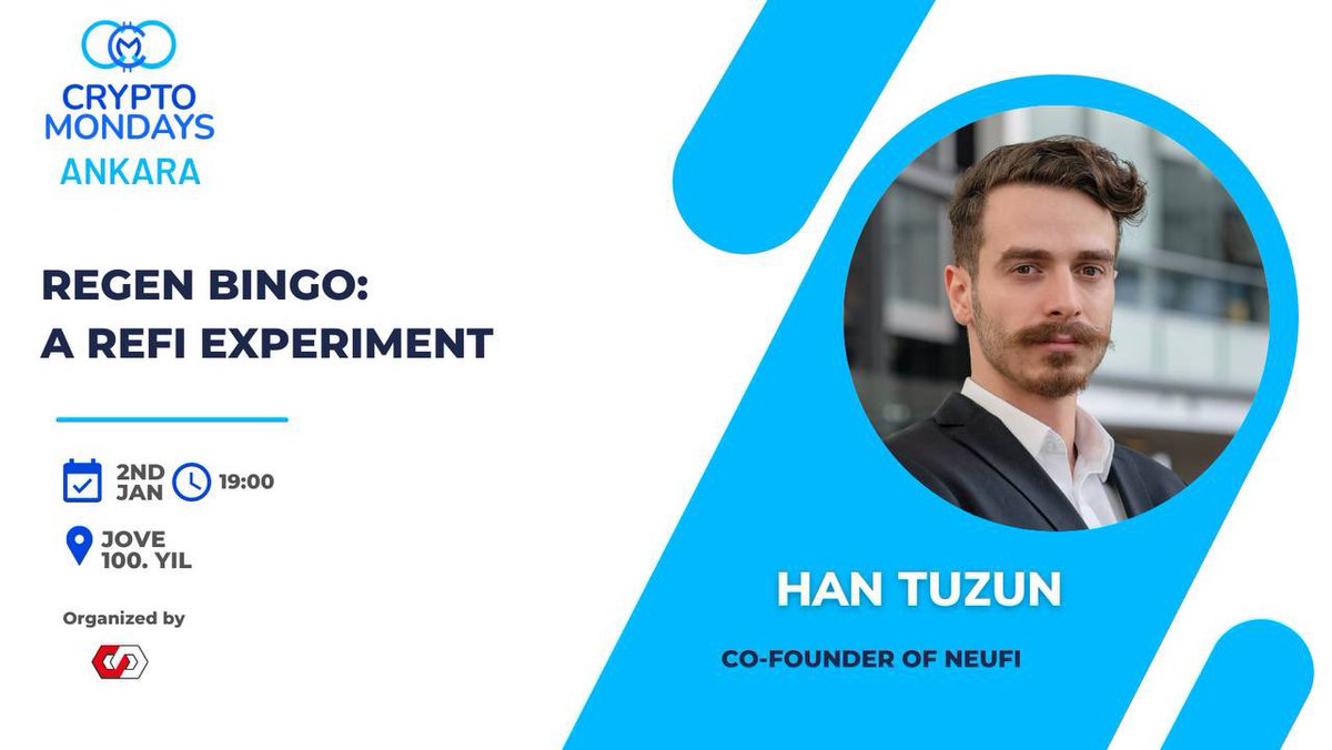Join us at CmAnkara's event today to continue our new year with REGEN BINGO: A REFI EXPERIMENT. Our speaker <a href="/0xTuzun/">Han Tuzun (tuzun.eth)</a> . Don't miss out on learning more about the restructuring of financial instruments at this event and the opportunity to ask <a href="/0xTuzun/">Han Tuzun (tuzun.eth)</a> about his new project!