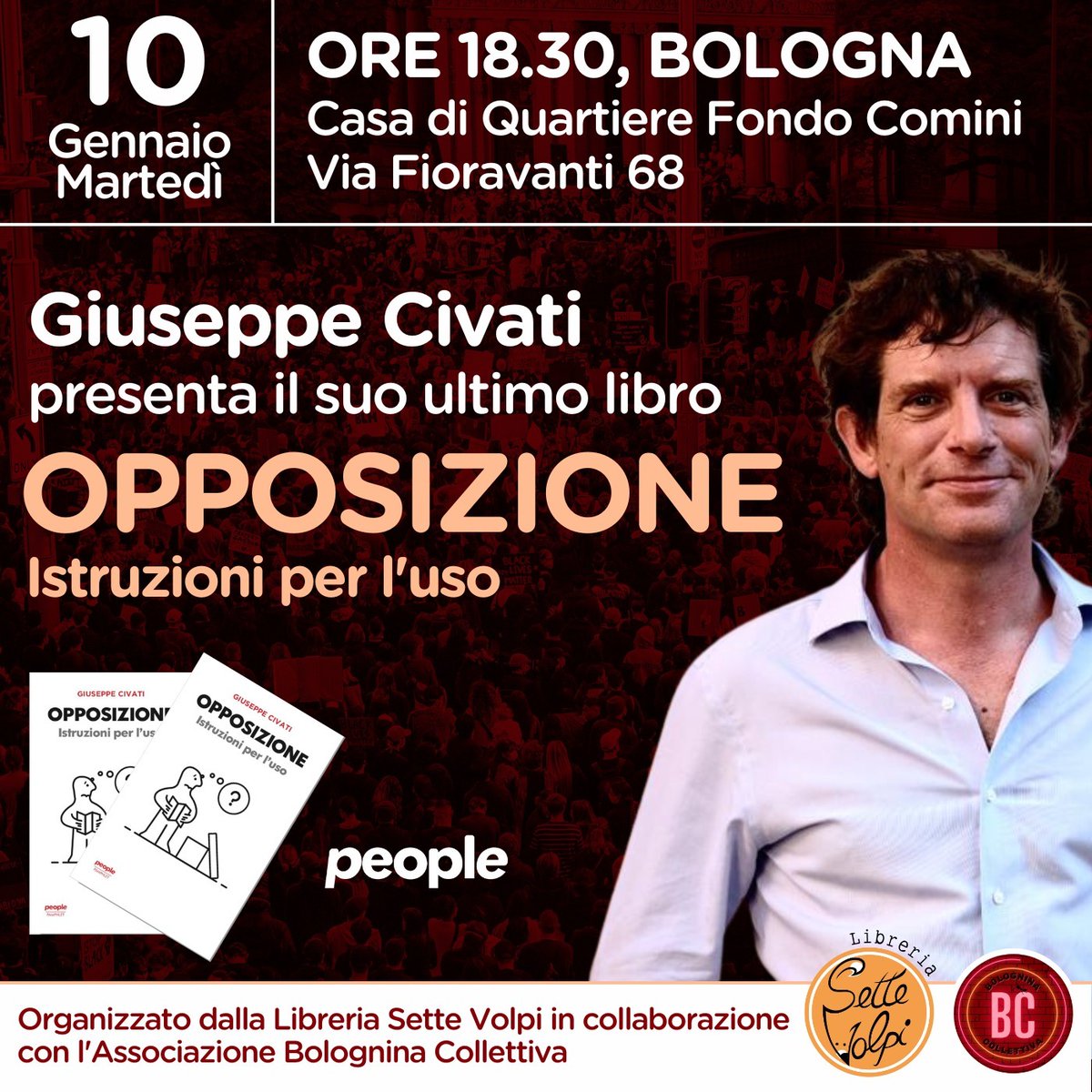 Opposizione a inizio anno, opposizione tutto l'anno. 

Vi aspettiamo martedì #10gennaio alle 18.30 con <a href="/civati/">Giuseppe Civati</a> a #Bologna, Casa di Quartiere Fondo Comini. 

"Opposizione" è su peoplepub.it/pagina-prodott…
