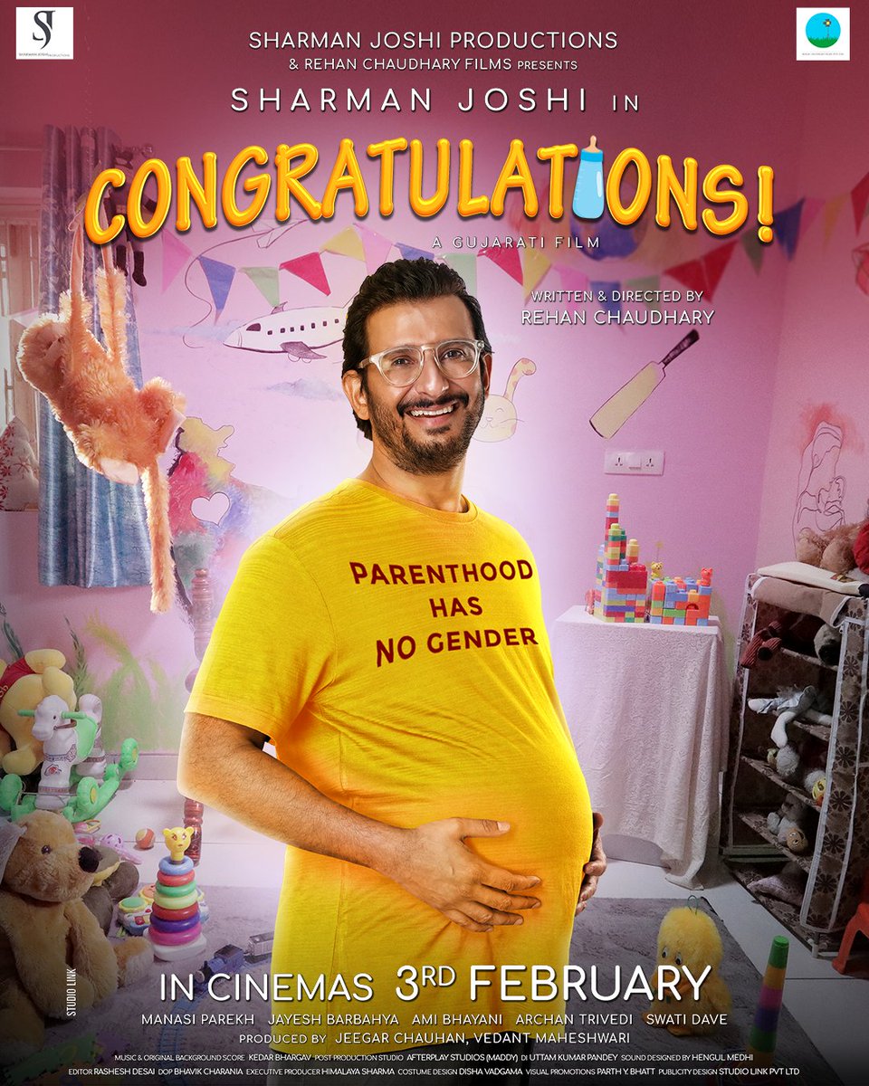 Parenthood Has No Gender..!👶🏼🍼
Here comes the first look of Congratulations..!
In cinemas from February 3rd, 2023.

#Congratulations #SharmanJoshi #ManasiParekh #RehanChaudhary #SharmanJoshiProductions #RehanChaudharyFilms #CongratulationsOn3rdFeb #Parenthood #GujaratiFilm