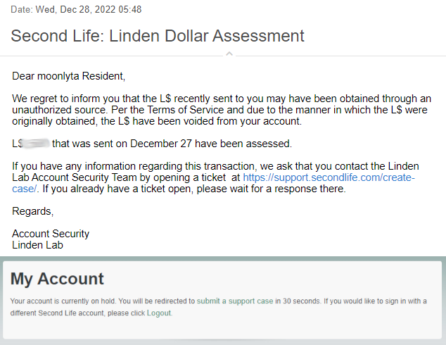 lyta_moon's tweet photo. @LindenLab @SecondLife I still don't know why this is my issue, why I'm locked out of my account. I don't know the person who sent me the L$, never met them before. Now I have hours before my rent runs out and I lose my land and all I built there, literally put my soul into it :( https://t.co/EmsOStzVnv