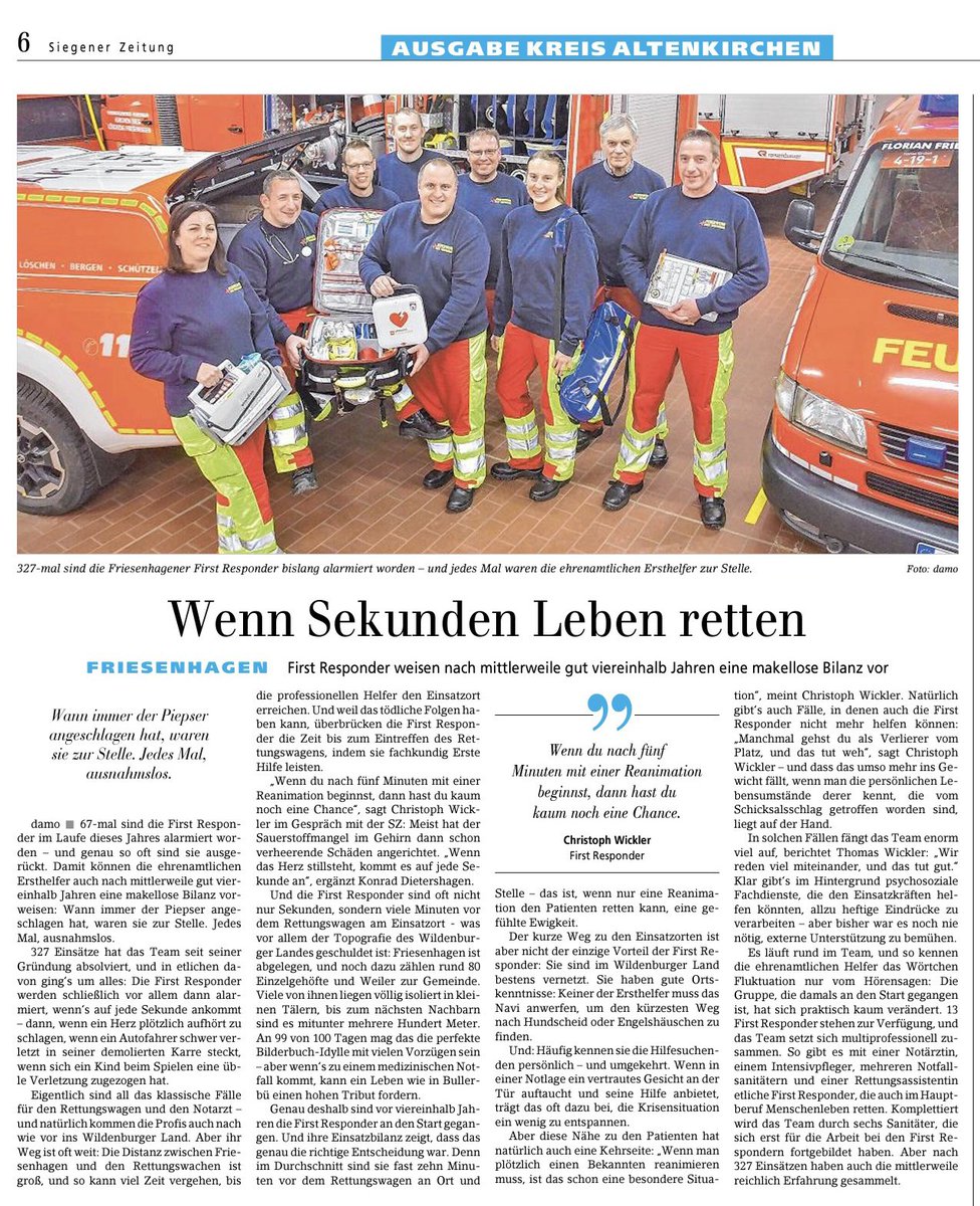 FeuerwehrFhagen's tweet photo. • #First #Responder #Friesenhagen: Wenn Sekunden Leben retten / Bericht von Daniel Montanus von der Siegener Zeitung • 

„68 Mal sind die First Responder in 2022 alarmiert worden - und genau so oft sind sie ausgerückt. https://t.co/D5IGUqmulT