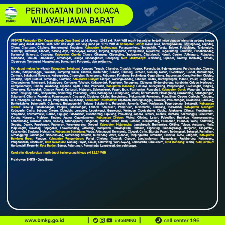 infoBMKG's tweet photo. Update Peringatan Dini Cuaca Wilayah - Jawa Barat Tgl. 02 Januari 2023 pkl. 19:15 WIB
Prakirawan - BMKG - Jawa Barat
https://t.co/wg0xYyoZf2 https://t.co/qDFv1PeRXR