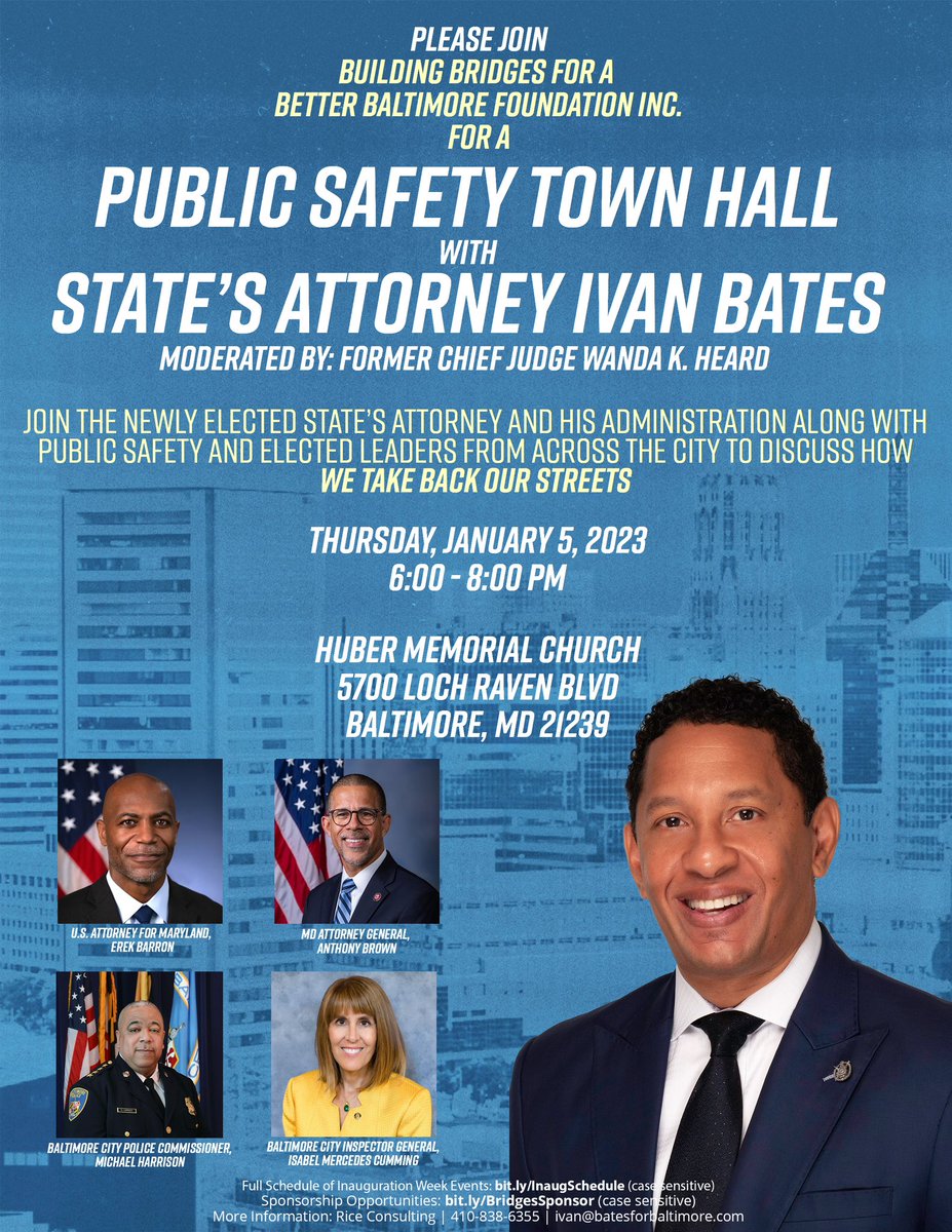 ivanjbates's tweet photo. Please join me along w/law enforcement leaders from across this state on Thursday, Jan 5th from 6-8P at Huber Memorial Church for a critical town hall as we discuss ways to curb crime in this city and strategies on how we take back our streets #InaugurationWeek #WeOurBaltimore https://t.co/v692b9vp9W