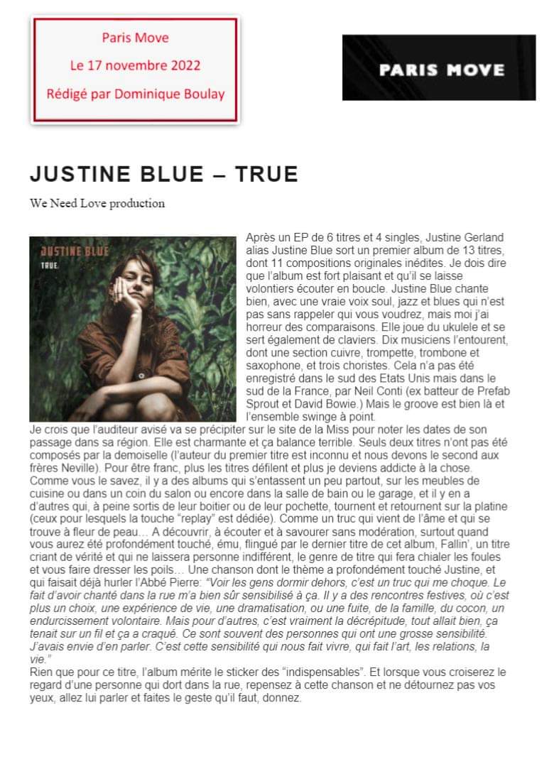 Retour sur l'album by Paris-Move!
#parismove #parismovemag
#montpelliermusic #bluessinger #bluessouljazz #rhytmandblues #parismove #NewRelease #LaPresseEnParle #albumtrue #justineblue