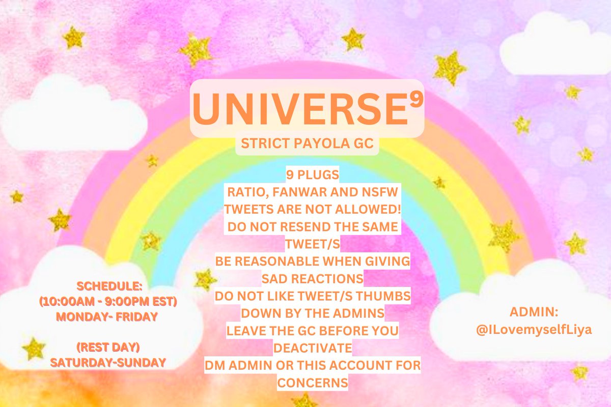 UNIVERSE⁹ STRICT HYPE/PAYOLA GC IS RECRUITING ACTIVE MEMBERS!🌈

🜸ANY FANDOM can join
🜸65-70+ LIKES GUARANTEED

➡️RT AND REPLY @ TO JOIN
➡️MBF: <a href="/UniverseSPGC/">UNIVERSE⁵🖤</a>
(You may cu through this account likes)