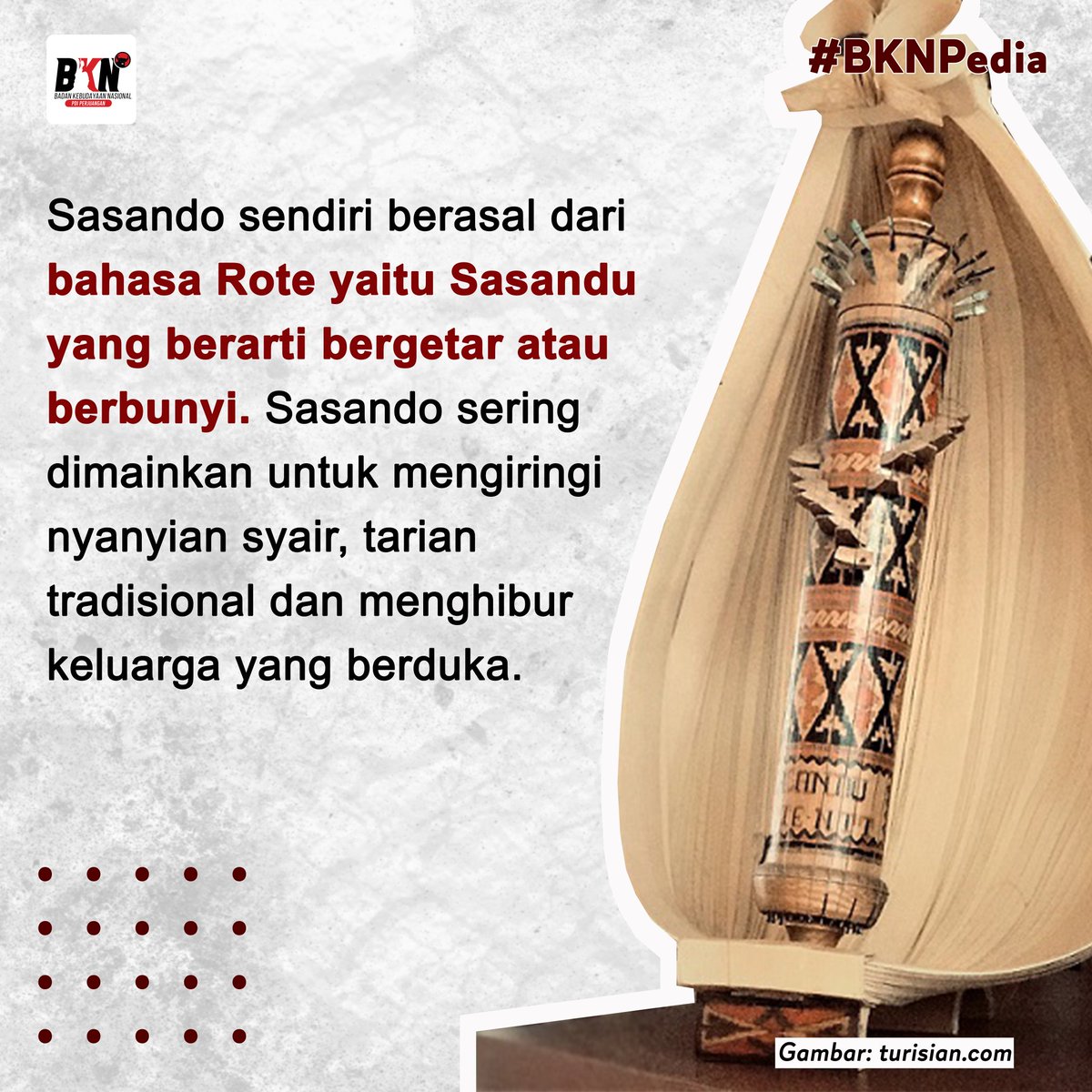 bknpusat1's tweet photo. Sasando adalah alat musik tradisional yang berasal dari Pulau Rote, Nusa Tenggara Timur (NTT). Sasando merupakan alat musik berdawai yang dimainkannya dengan cara dipetik dengan menggunakan jari.
#BKNPedia
#BKNPDIPerjuangan
#PDIPerjuangan
#SolidBergerak
#Sasando https://t.co/VgbAzRFYwU