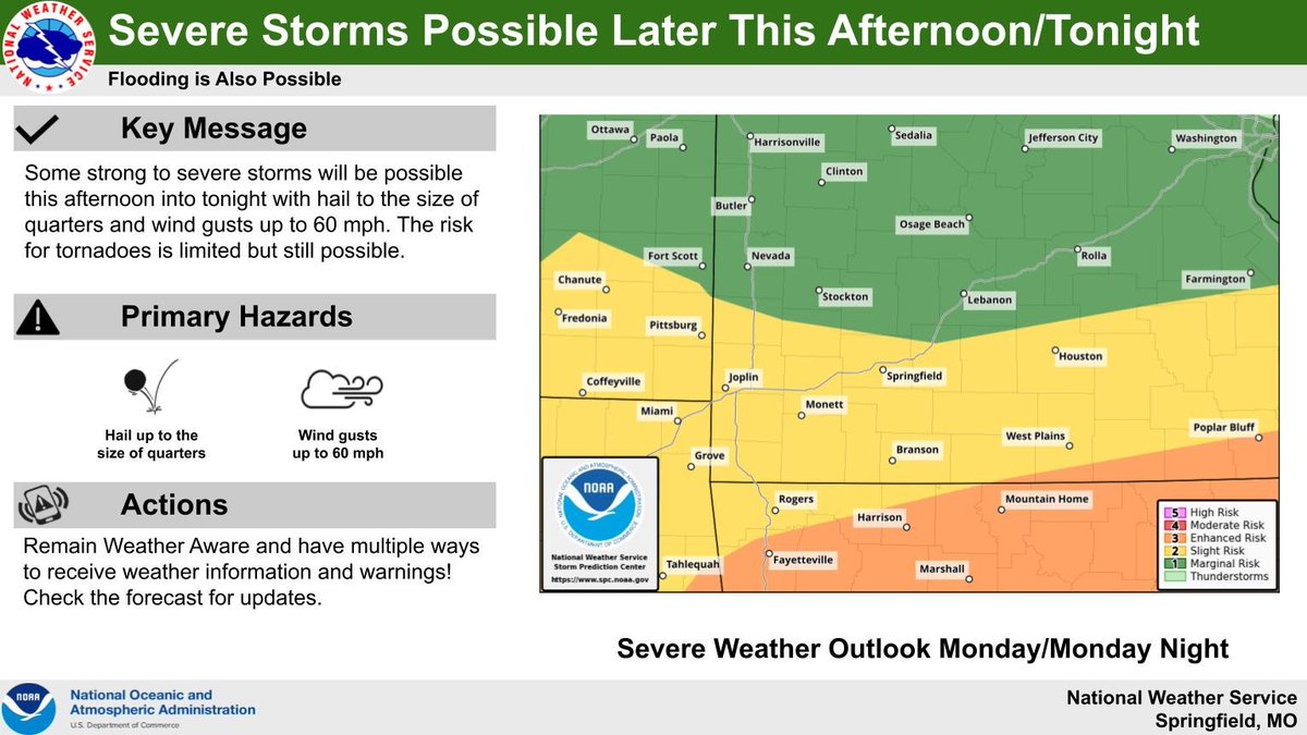 NWSSpringfield's tweet photo. Some strong to severe storms will be possible from mid afternoon through this evening. Large hail and damaging wind gusts possible with the stronger storms.   In addition, there is a limited chance for tornadoes.   #mowx #kswx https://t.co/2sFkFHfwjR