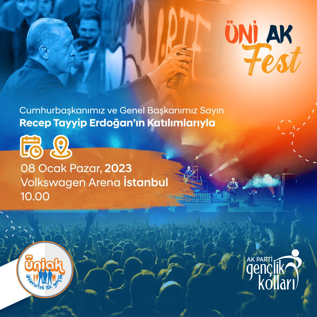 Cumhurbaşkanımız Sayın Recep Tayyip Erdoğan'ın ve sürpriz sanatçıların katılımıyla gerçekleştireceğimiz ‘8 Ocak İstanbul ÜniAK-Fest’ e davetlimizsiniz🤩

🏡Volkswagen Arena İstanbul 
⌛️8 Ocak 2023 Pazar 
🕰️ 10.00

#SeninYerinÜniAK 🫰🏻