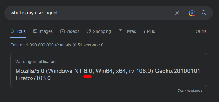 Win2000fr's tweet photo. Par contre Firefox, il va définitivement falloir m'expliquer pourquoi il me renvoie la version NT de Vista (6.0) et pas celle de 7 (6.1), alors que c'est pas Vista une seule seconde là... https://t.co/ao1BK3gofX