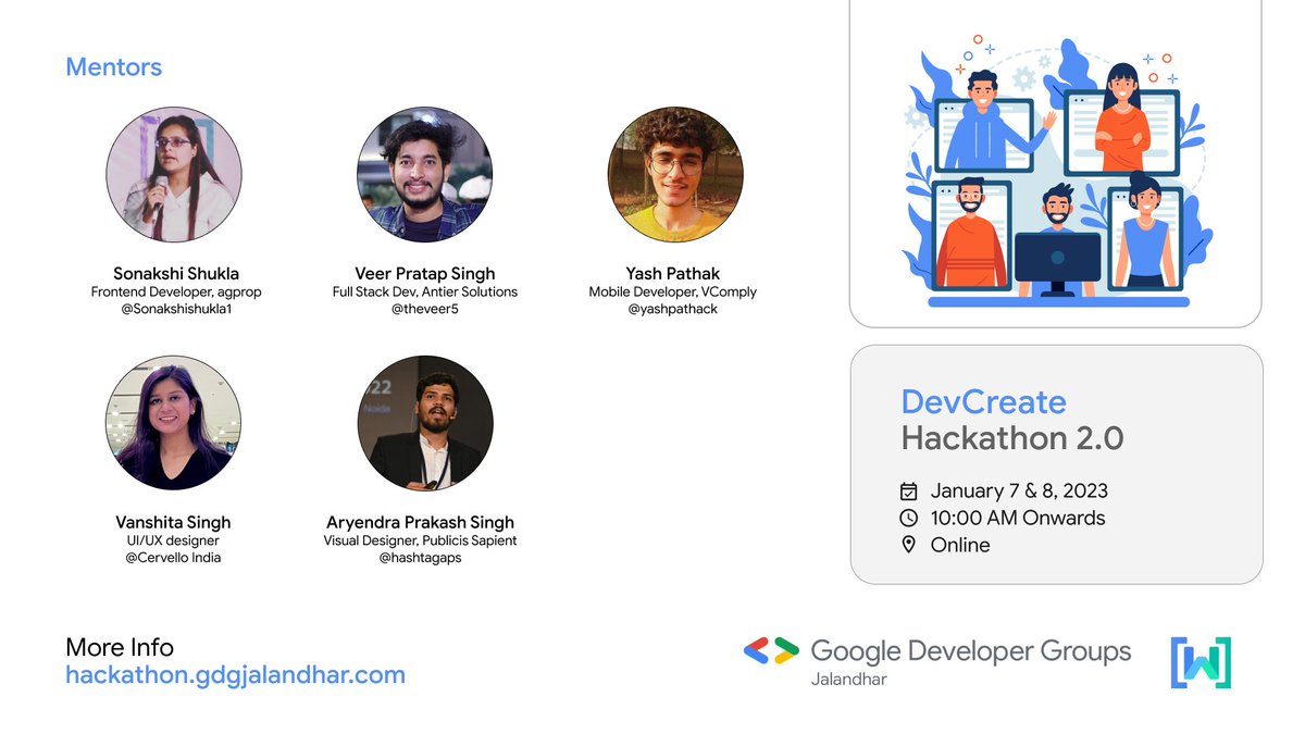 GDGJalandhar's tweet image. 3/n

Let&apos;s welcome our mentors for #DevCreateHackathon

@Sonakshishukla1 @theveer5 @yashpathack @vanshify @hashtagaps

Find more info
hackathon.gdgjalandhar.com

#DevCreate #DCHJalandhar #GDGJalandhar #WTMJalandhar
