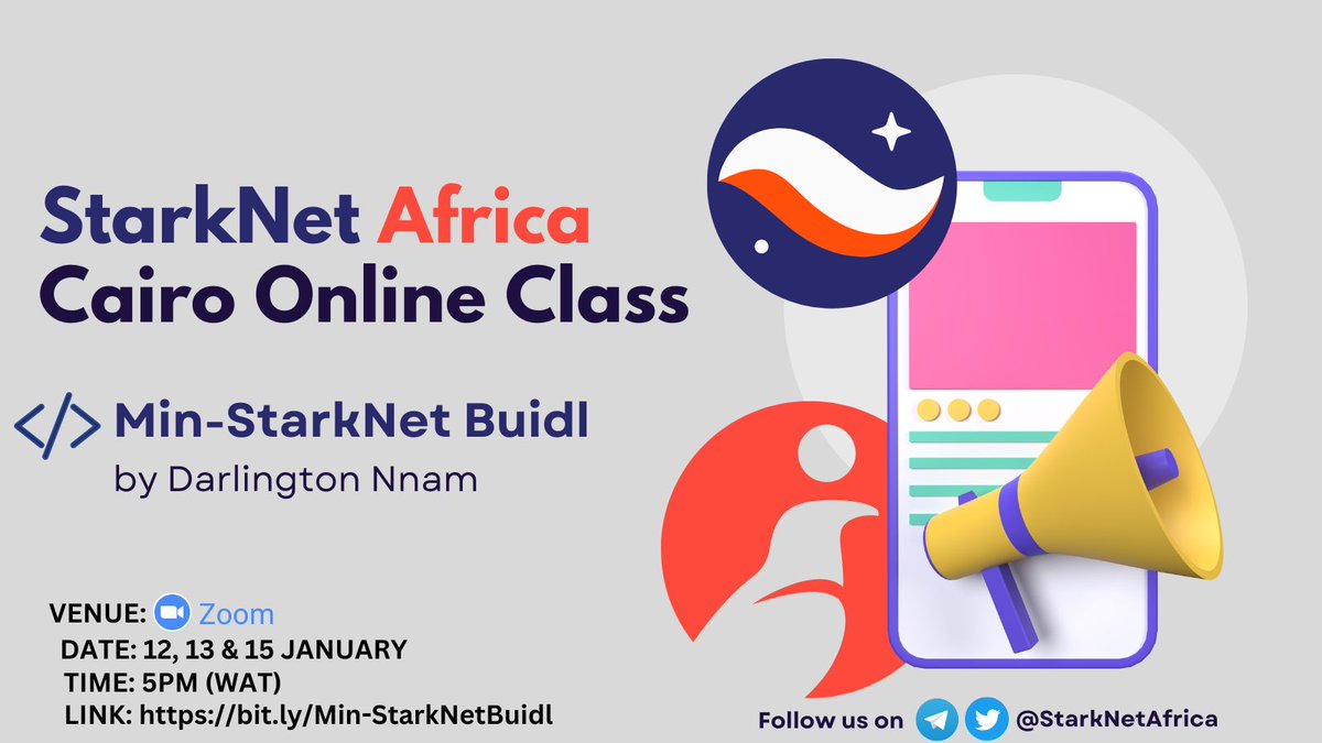 StarknetAfrica's tweet photo. We will be having a series of online classes this year and the first is Min-StarkNet Buidl by @0xdarlington

Learn to build minimal, intentionally-limited implementations of different protocols, standards and concepts in Cairo

Join our TG to be in touch
https://t.co/Zem3cipNWb https://t.co/b3cc4oZcTf