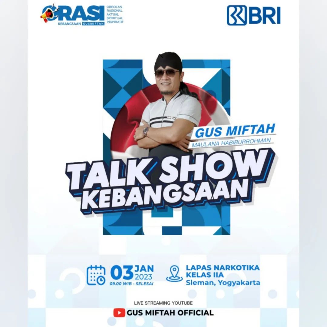 pgmoraaji's tweet photo. Orasi Kebangsaan Bersama #GusMiftah (Pengasuh Ponpes Ora Aji Kalasan Sleman Yogyakarta)โฃ
Dalam Rangka: "TALK SHOW KEBANGSAAN"
๐ Hari: Selasa
๐๏ธTanggal: 03 Januari 2023
๐ Pukul: 09.00 WIB - Selesai
๐ Tempat: Di Lapas Pakem - Sleman Yogyakarta.
#Yogyakarta #lapas #Pakem https://t.co/2MH115T0bl