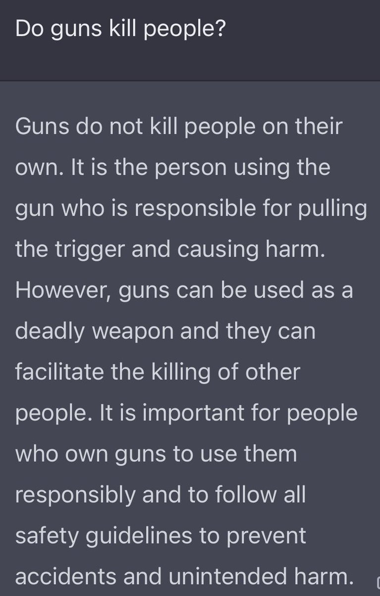 FutureTeslaNow's tweet photo. There we have it, from the AI itself; guns don’t kill people. People kill people. #2ndAmendment #openai #ChatGPT #firearms https://t.co/EMJgpZP42I