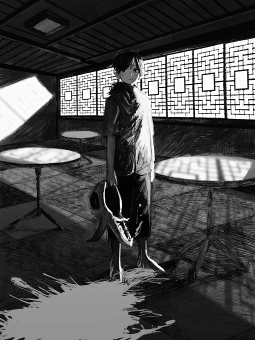 前描いた絵のモノクロverもそこそこ気に入ってる 