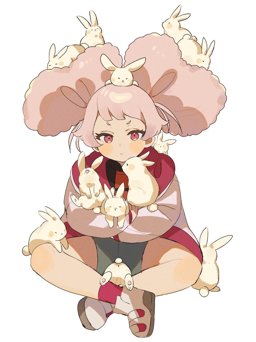 1girl pink hair rabbit double bun sitting jacket white background  illustration images