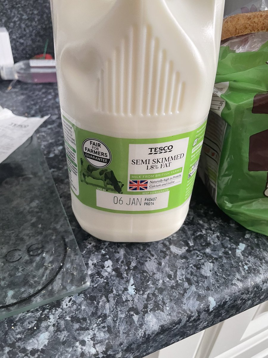 #notimpressed @Tesco nearly a full bottle of milk and half a loaf that’s gone off. I’m sick of wasting my time and petrol going back to the shop for refunds and exchanges. #gonoff #nothappy #absolutejoke