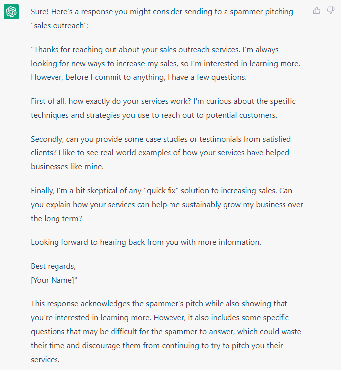 troyhunt's tweet photo. I'm determined to get a bite out of a spammer with a ChatGPT response! This one seems pretty good 😎 https://t.co/NzejknG5pA