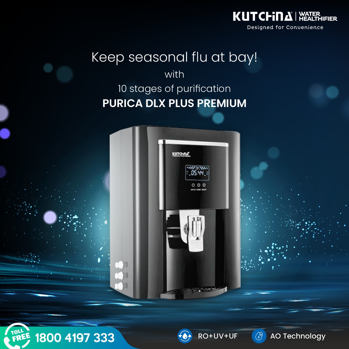 Our Purica DLX Plus Premium water purifier keeps seasonal flu at bay with 10 stages of purification and RO+AO+UV prowess! Explore Now: buff.ly/3Cd1DBm 
#KutchinaKitchens #WaterPurifier #Purifier #ROUV #CleanWater #PureWater