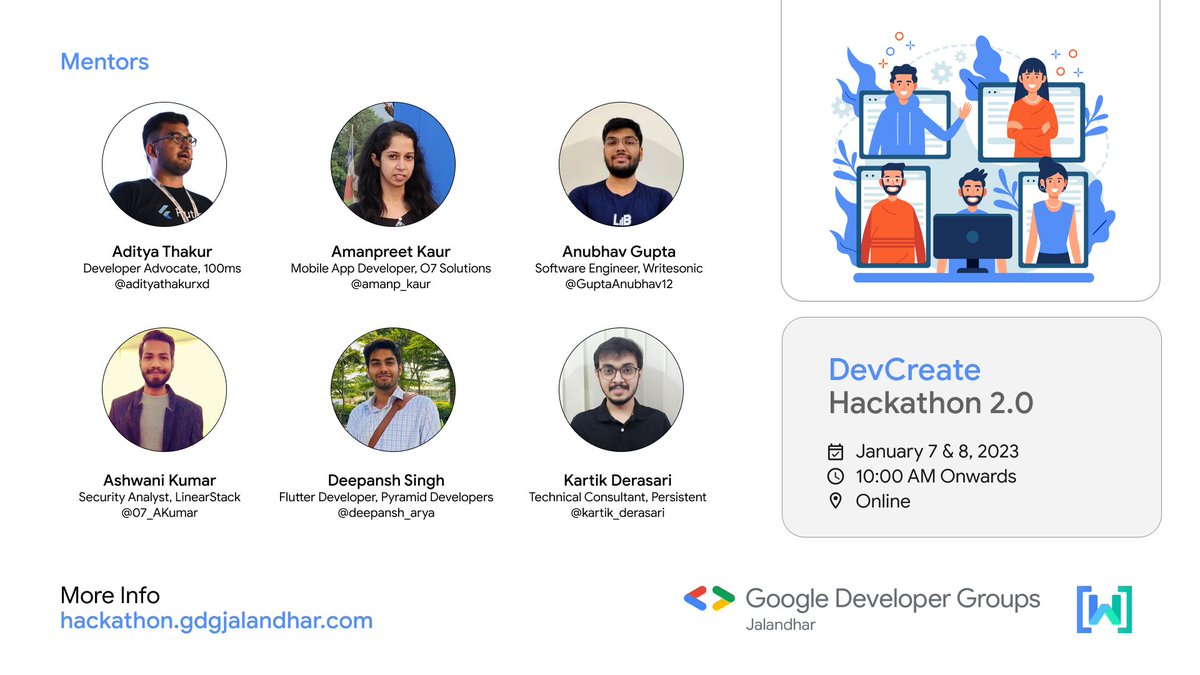 GDGJalandhar's tweet image. 1/n 

📣Mentors for #DevCreate Hackathon📣

🌟Meet the #DevCreate Hackathon mentors!
💡Get connected, initiate learning, and enhance your skills
💻Build a better app from their guidance

🔗 hackathon.gdgjalandhar.com

#Hackathon #GDGJalandhar #WTMJalandhar #GDG #WTM
